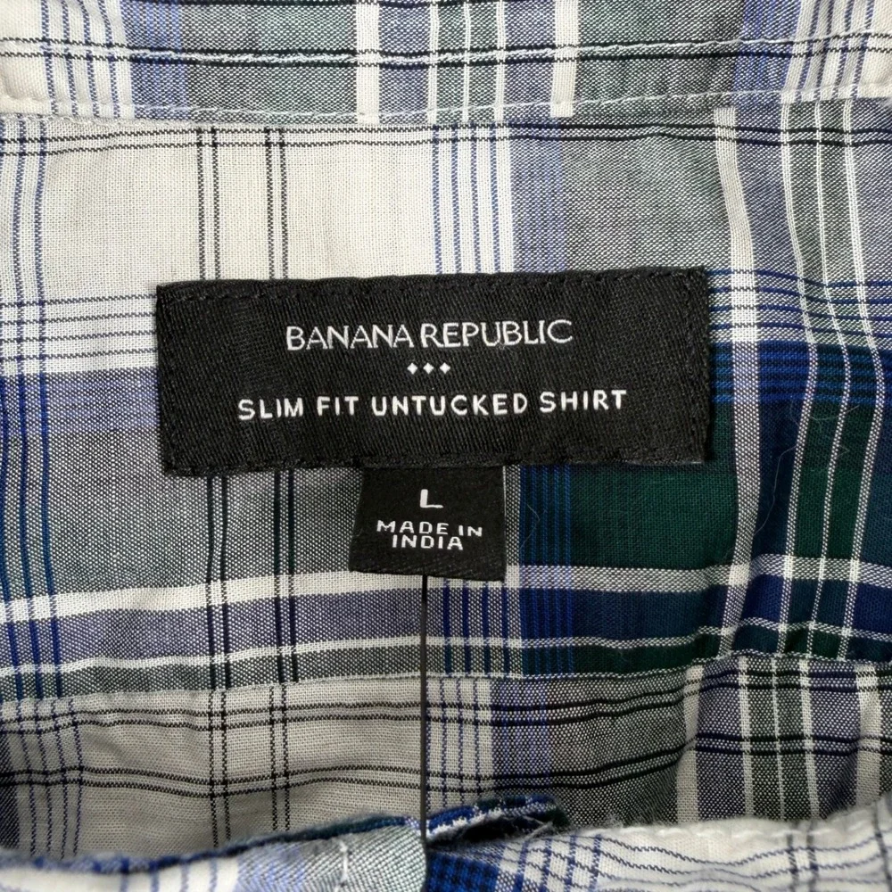 NEW Banana Republic Button Down Shirt Mens L Green Navy Plaid Slim Fit Untucked